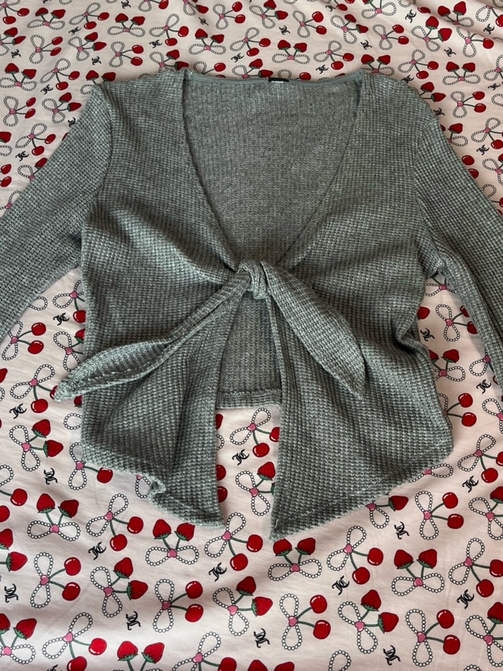 Grey Tie-Front Knit Cardigan Sweater